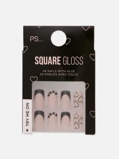 Primark Unhas Postiças^Unhas Postiças Quadradas Brilhos Corações PS...